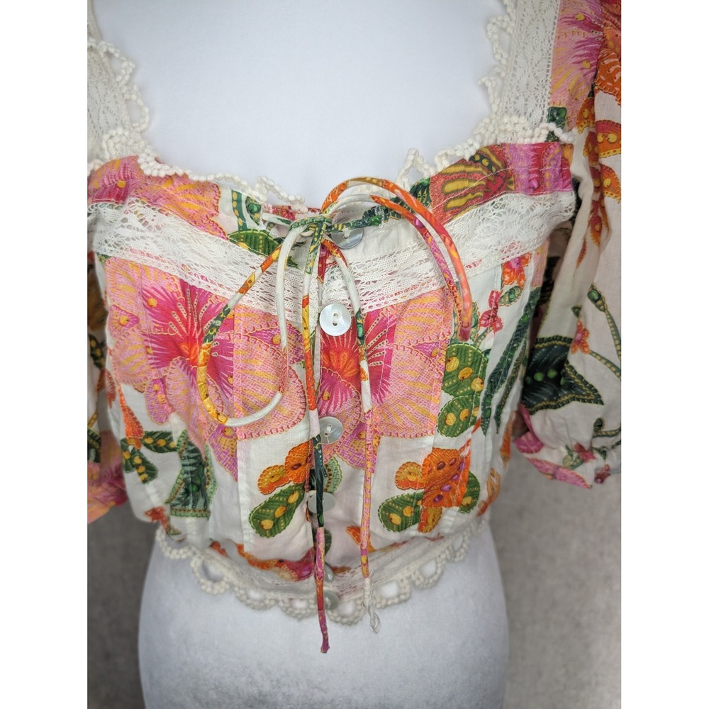 Farm Rio Floral Lace Trim Crop Top Puff Sleeve Button Front XS Multi Color - Picture 3 of 4